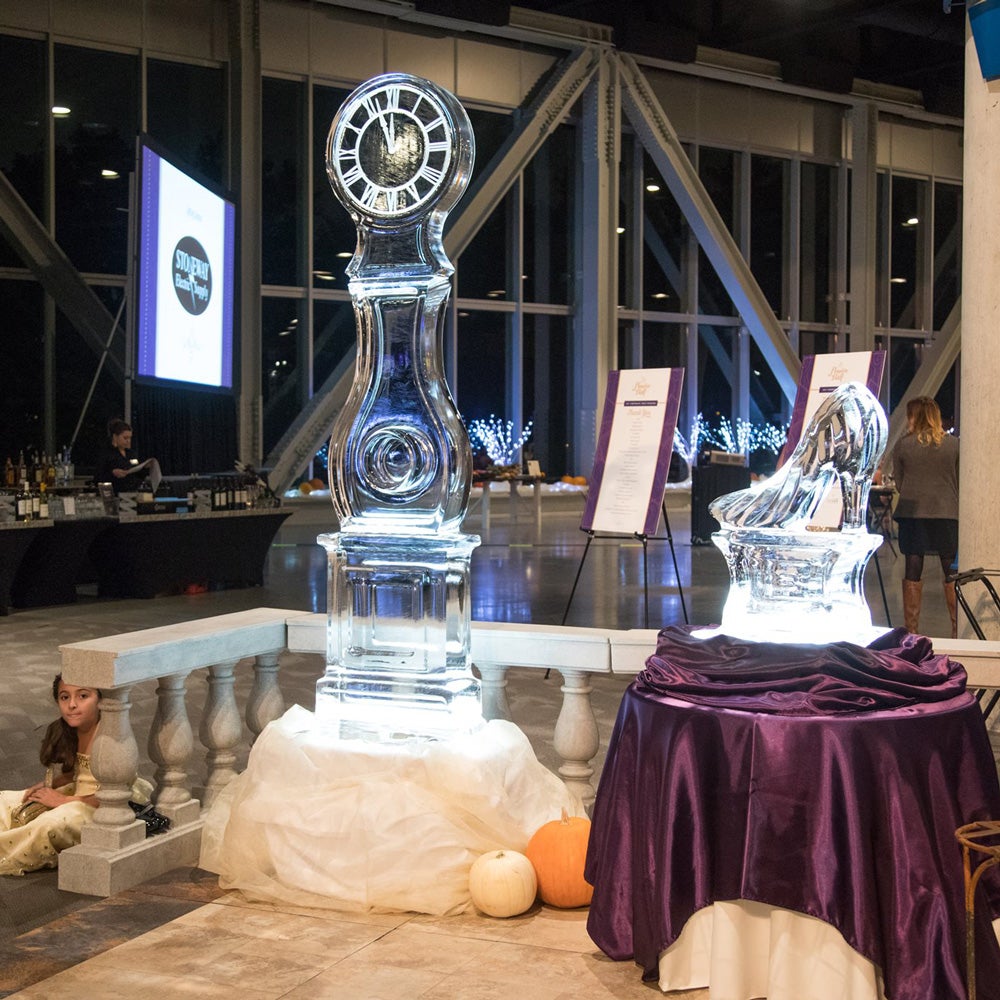 Large Cinderella story inspired ice sculptures in the foyer