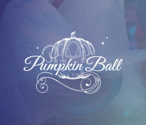 Pumpkin Ball logo over the top of an image of two blue dresses swaying on the dance floor